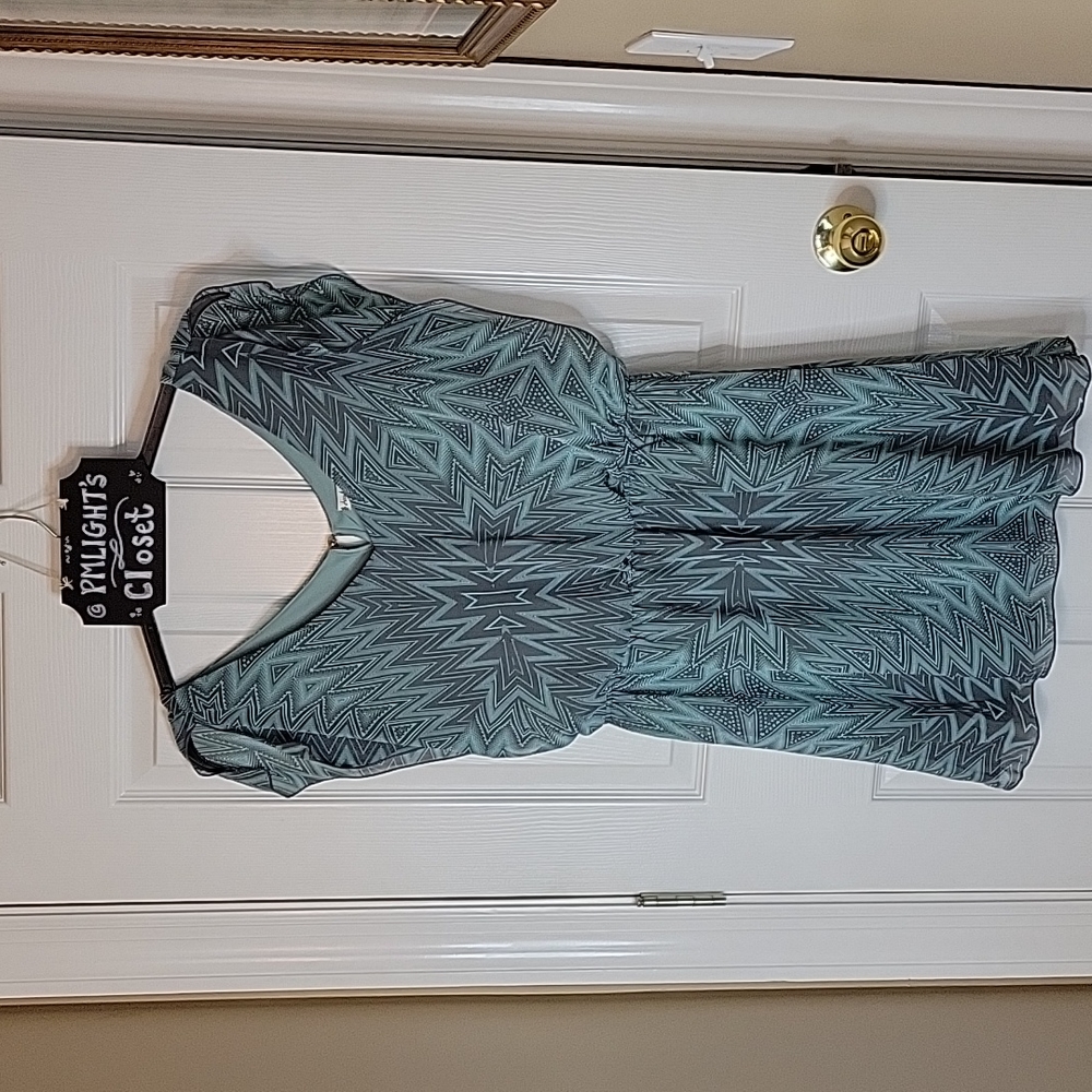 Accidentally in Love Mini Dress Large Sage Green Geometric Patterns